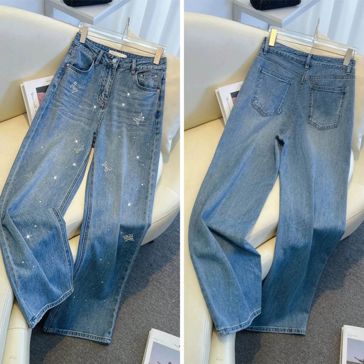 

Jeans Straight Pants Women Vintage Denim Bow Diamonds High Waist Distressed Washed Pockets Mom Jeans 2025 Streetwear Trousers
