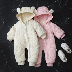 Newborn Baby Girl Romper with Ears Winter and Autumn Warm Infant Jumpsuit Cotton Inside Plus Velvet Hooded Baby Clothes 0-18M