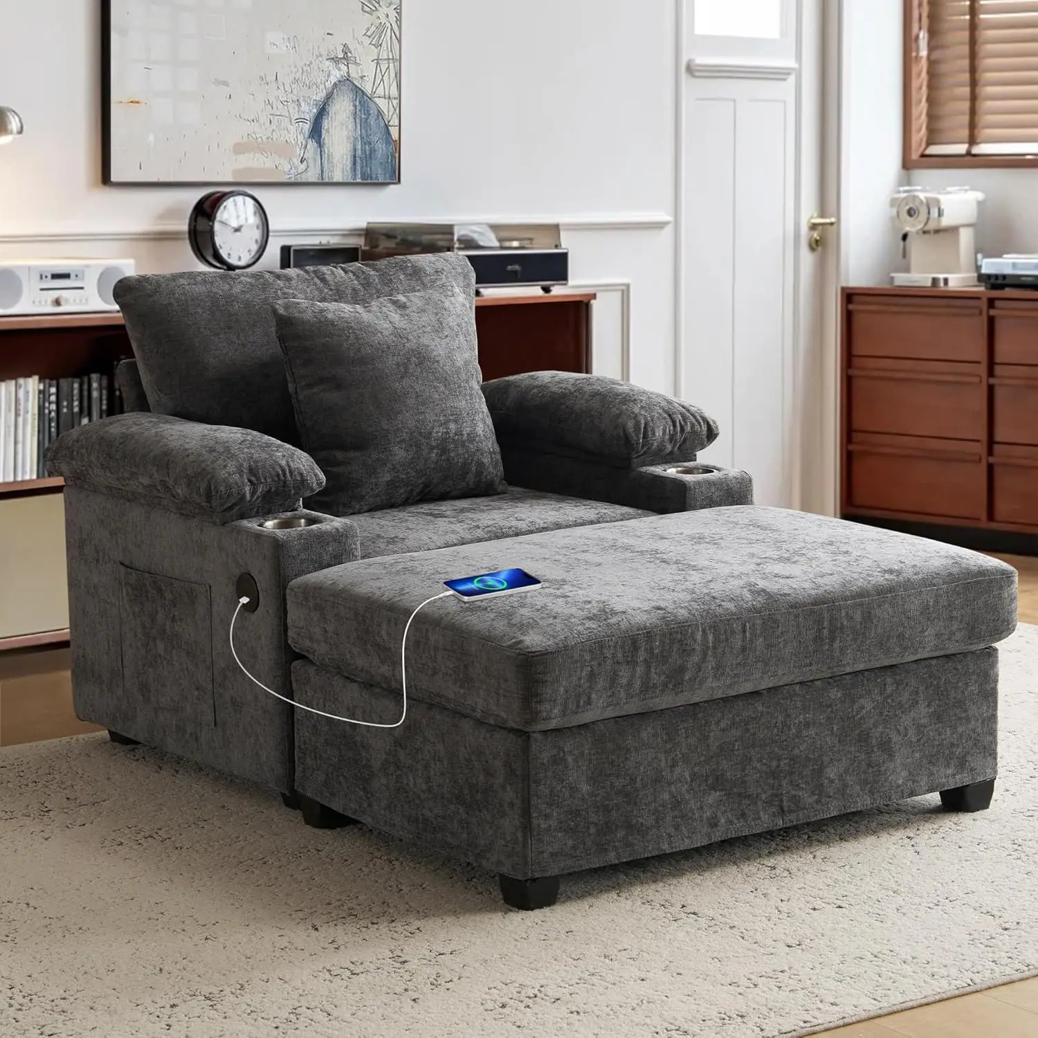 

Chaise Lounge Chair with Ottoman, Chenille Fabric Sofa Bed, Accent Chair with Cupholders & USB Charging Ports for Living Room, B