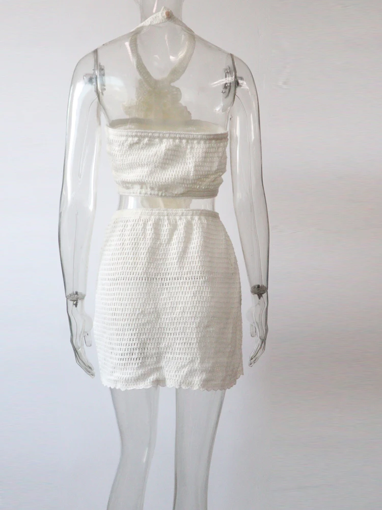 Kricesseen belle licou cou découpé Crochet Mini Robe pour les femmes 3D fleur détails tricoté Robe de plage Robe tenues de vacances