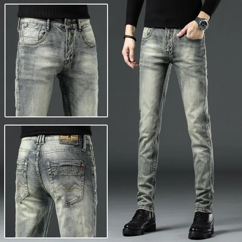 

2024 Spring and Autumn Fashion Solid Color Retro Straight Leg Jeans Men's Casual Slim Comfortable Breathable Stretch Denim Pants