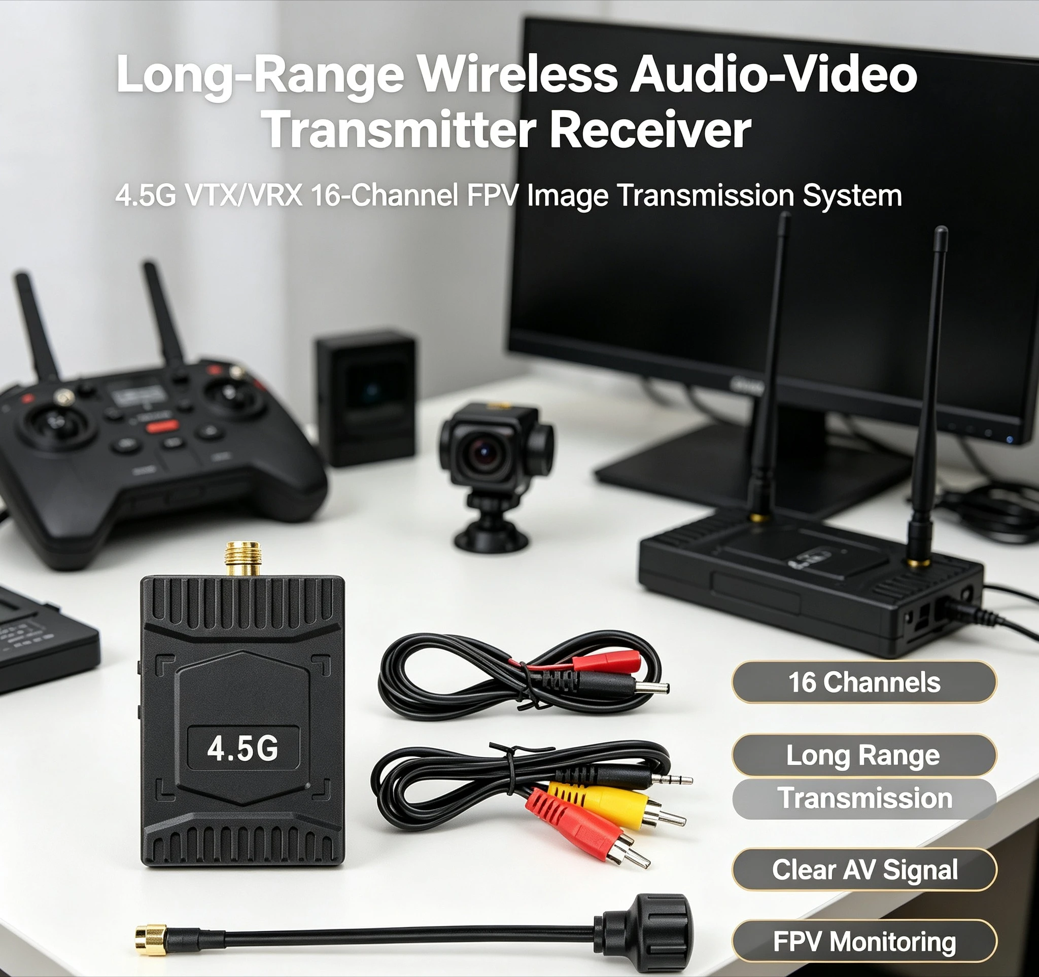 Long‑Range Wireless Audio‑Video Transmitter Receiver, 4.5G VTX/VRX 16‑Channel FPV Image Transmission System