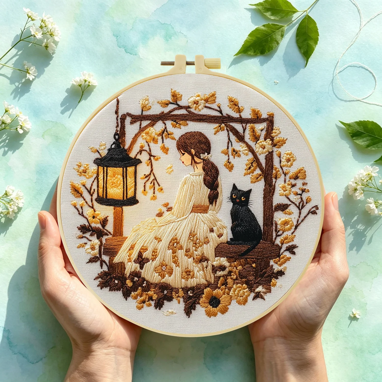 Mädchen und Katze unter einer Laterne 1 Stück DIY Stickerei-Material-Set für Anfänger Stickerei-Starter-Kit Kreuzstich-Kunst als Geschenk Nadel – Detail 4