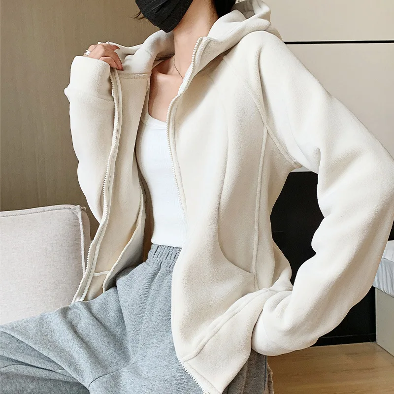 เสื้อแจ็คเก็ตคาร์ดิแกนกีฬามีฮู้ดซิปสำหรับผู้หญิงในฤดูใบไม้ร่วงและฤดูหนาวเสื้อสเวตเตอร์แขนยาวลำลองใหม่