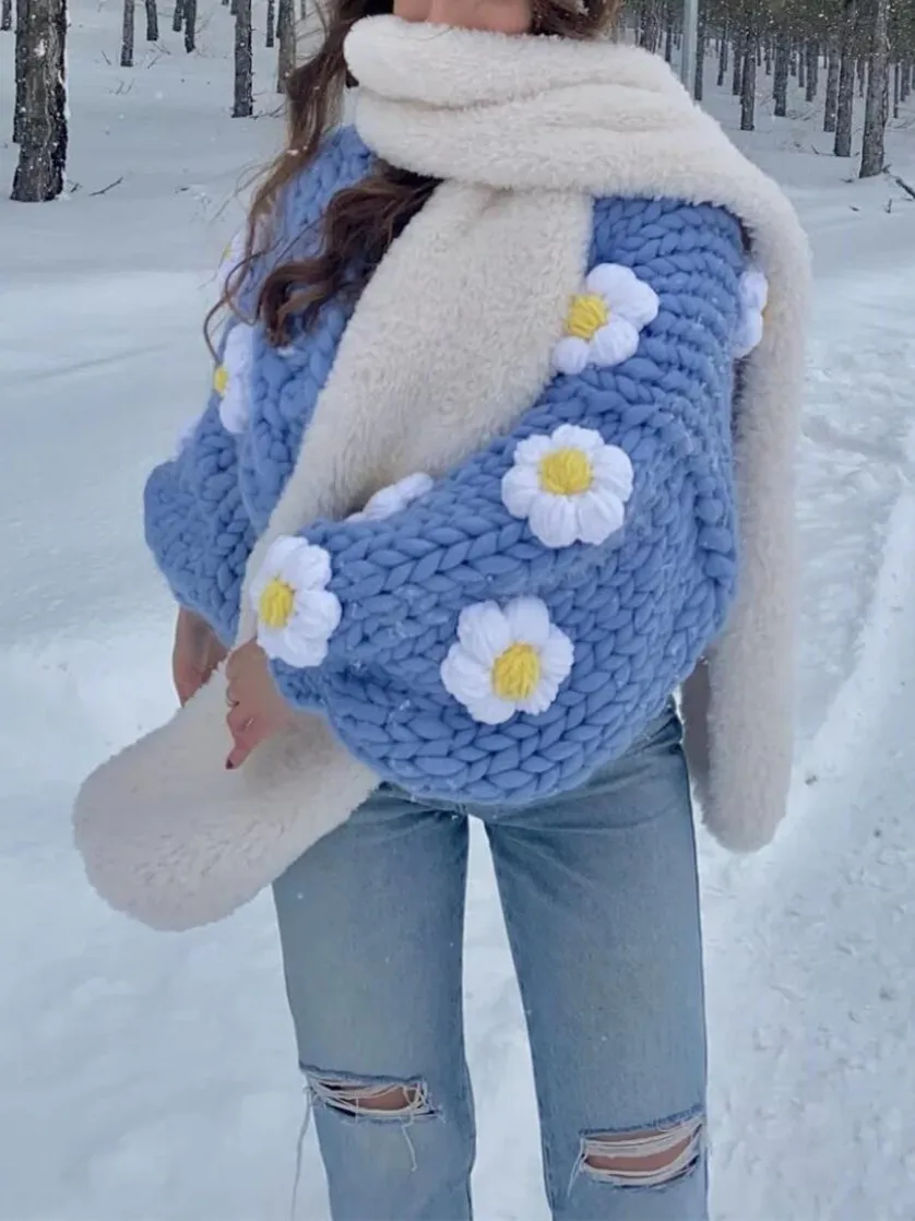 2022 Retro Hand Made Crochet 3D Colored Flower Ball Cardigan Woman V neck Long sleeve Knitting Sweater Knitwear Jumper