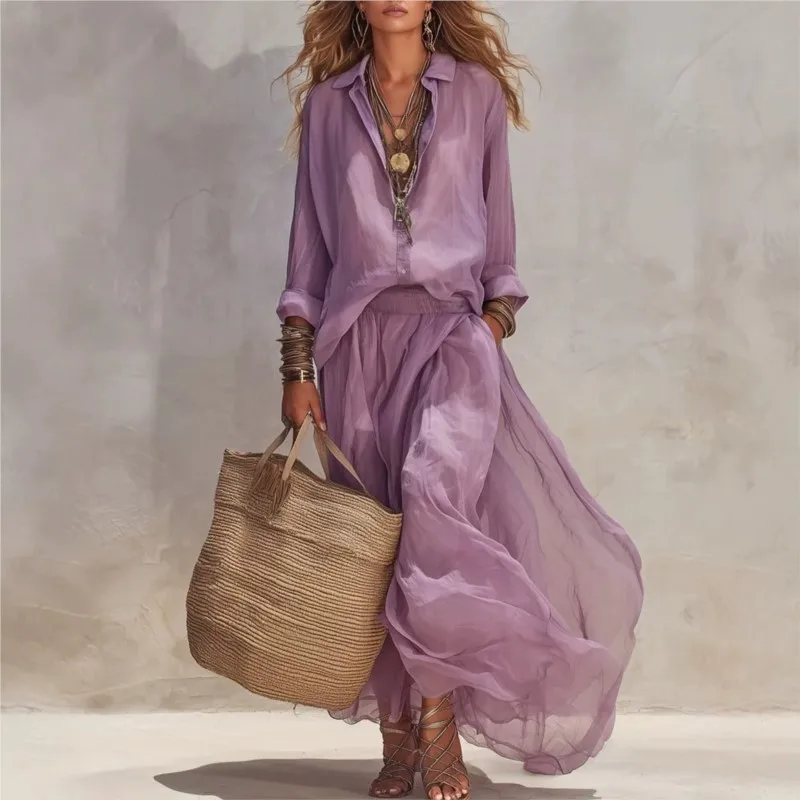 Women's Turn-Down Collar Long Sleeve Cardigan Top Maxi Skirts Two Pieces Set Loose Solid Patchwork Spring Autumn Ladies Outfit