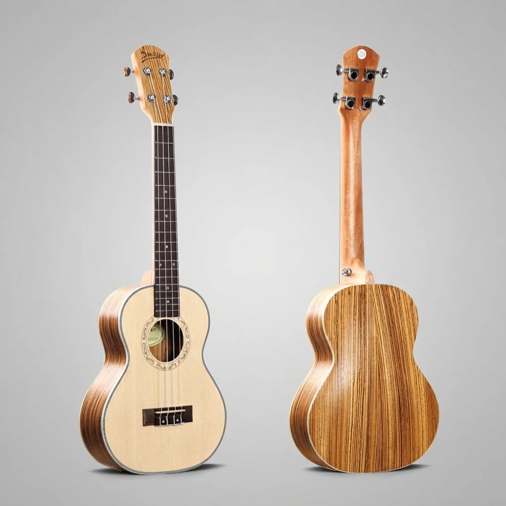 Striped Exotic Back Soprano Ukulele, Natural Light Top, Black Closed Tuners, 4 Strings, Decorative Rosette for Beginners