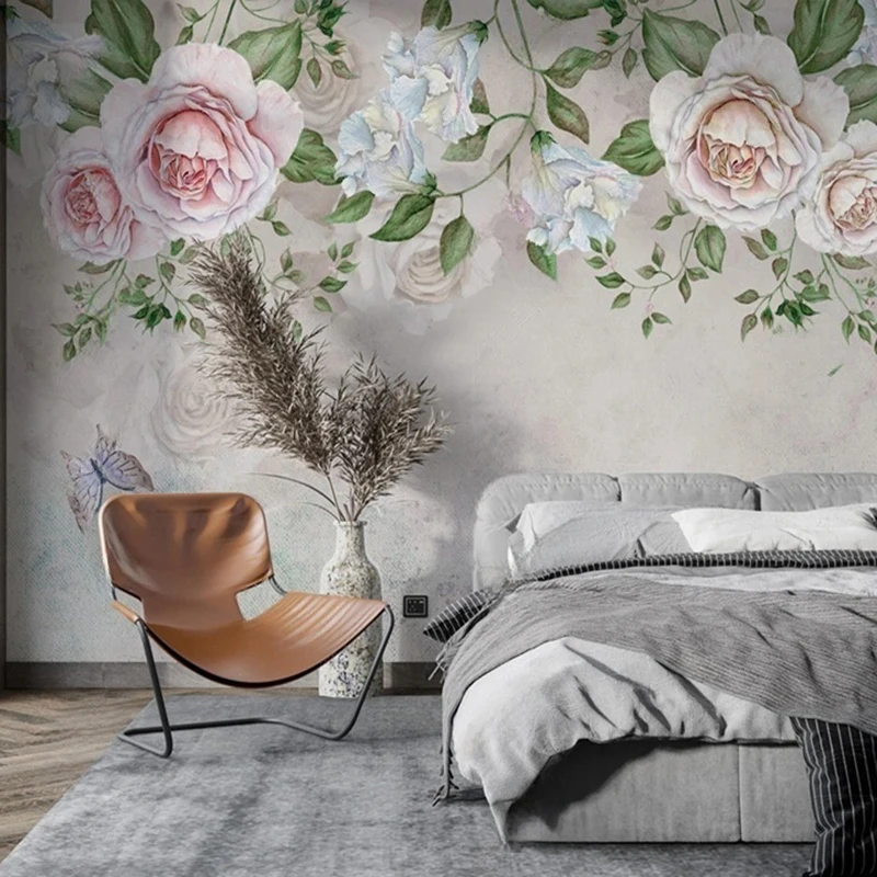 Hand-Painted Style Wallpaper Pastoral pink Floral Vintage Pattern Custom-Sized Mural Decor Background Wall Covering wardrobe