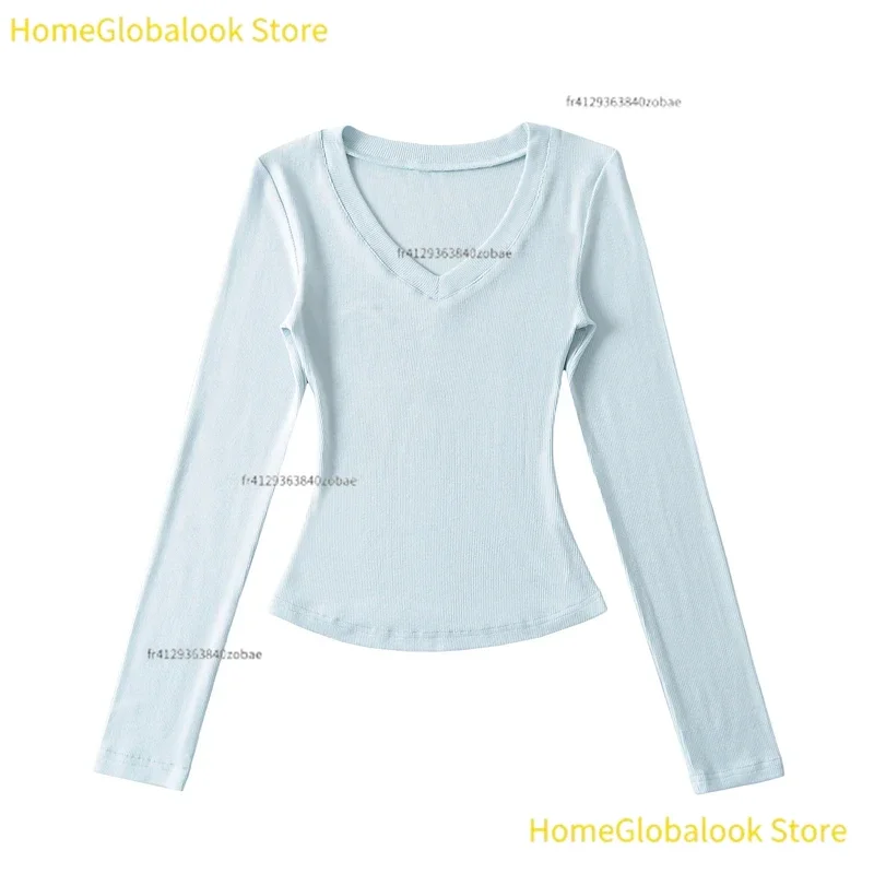 Haut court à manches longues, coupe ajustée, idéal pour l’automne, avec un décolleté en V et une taille cintrée, en coton, pour un look sexy et féminin, chemise courte décontractée, haut court tendance pour une silhouette affinée, parfait pour un usage quotidien.