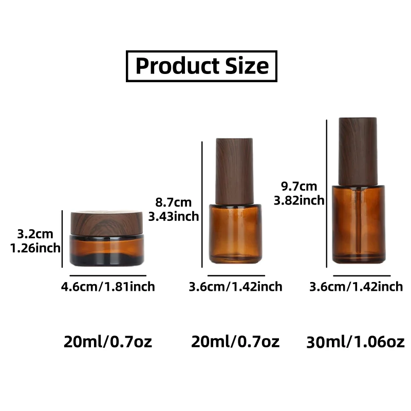 3pcs Amber Glass Bottles Travel Set,Includes Spray and Pump Bottle,Cream Jar,with Wood-Color Plastic Cap for Packaging Cosmetics