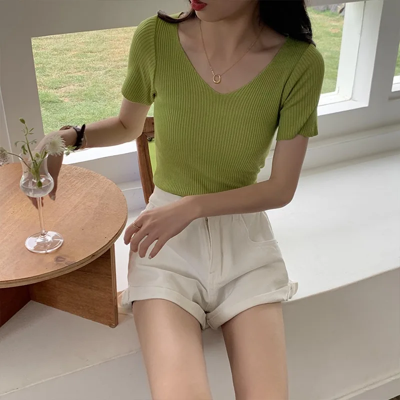 2024 Basic V-neck Solid Thin Summer Women Pullover Female Knitted Ribbed Sweater Slim Short Sleeve Bodycon Sweater