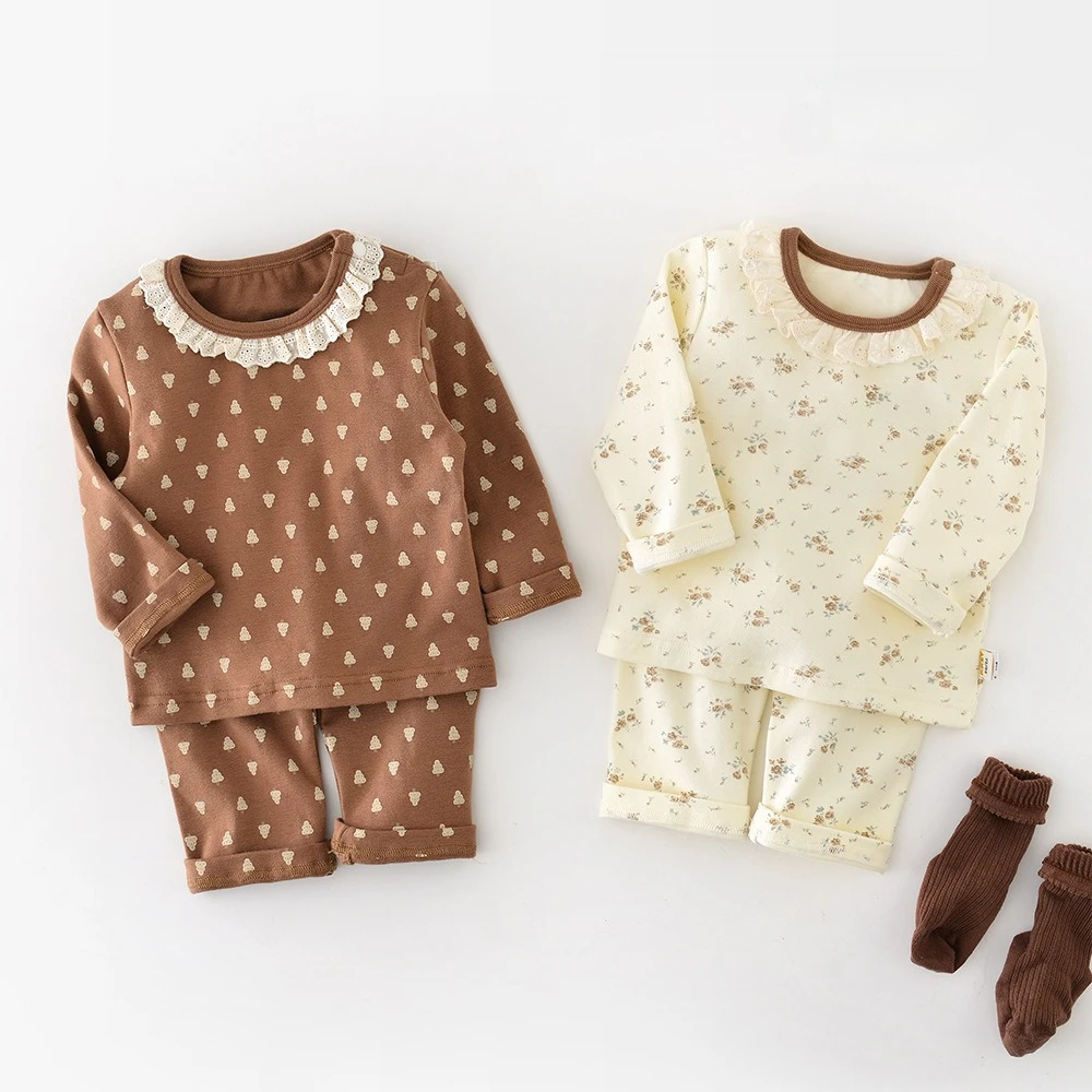2025 New Autumn Baby Pajamas Sets 0-3T Cute Floral Lace O-Neck Kids Sleepwear Baby Girls Cotton Homewear