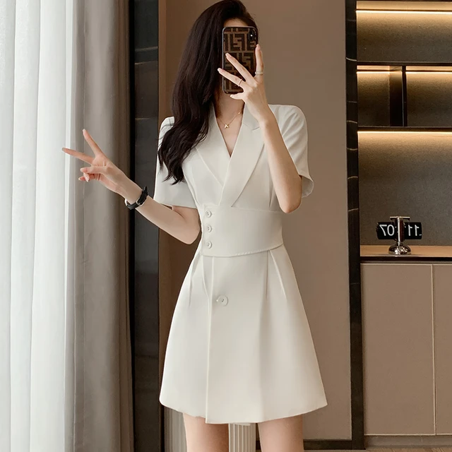 Korean Office Ladies Pleated Suit Dress Summer Short Sleeve Slim Waist Turndown Collar Solid Elegant A line Knee Length Dresses Dresses AliExpress