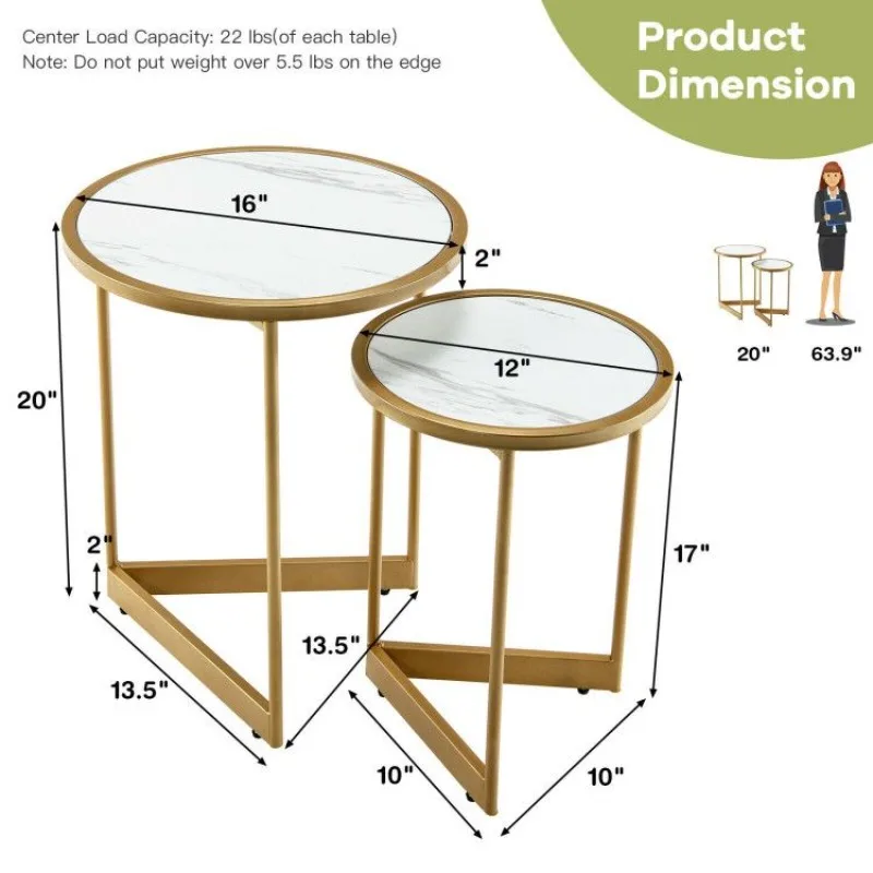 

Round Nesting Table Set of 2 with Marble-like Tabletop for Living Room