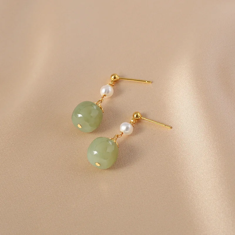 100% Natural Freshwater Pearl & Nephrite Jade Stone 14K Gold Filled Ladies Tassels Stud Earrings Not Allergic Birthday Gifts