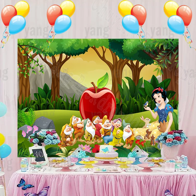 Disney Cartoon Lovely Snow White Princess And Seven Dwarfs Cute Red Apple Forest Backdrop Birthday Party Photography Background