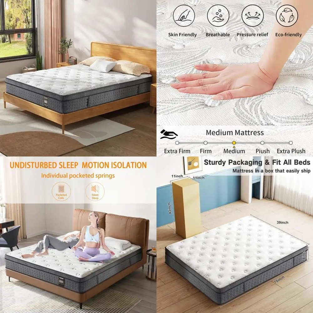Gel Memory Foam Hybrid Mattress 14 Inch, Medium Firm Support, Pocket Spring, Soft Comfortable Sleep in a Box