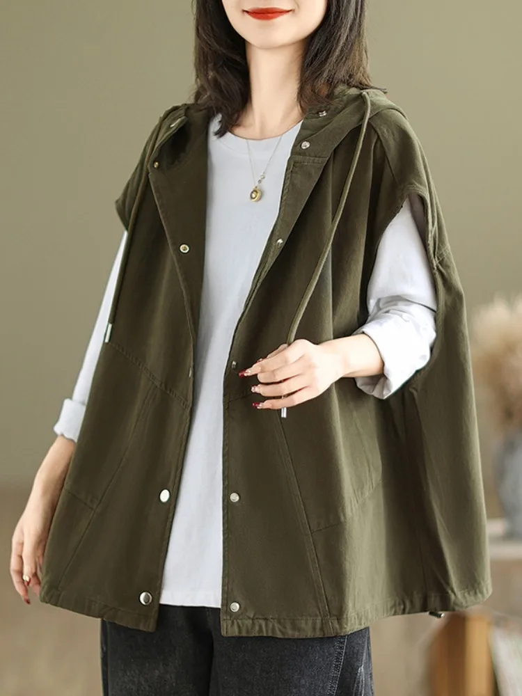 

Casual Cotton Hooded Vest Short Sleeveless Workwear Top for Women Spring Autumn Large Size Art And Culture Style Commute Wind
