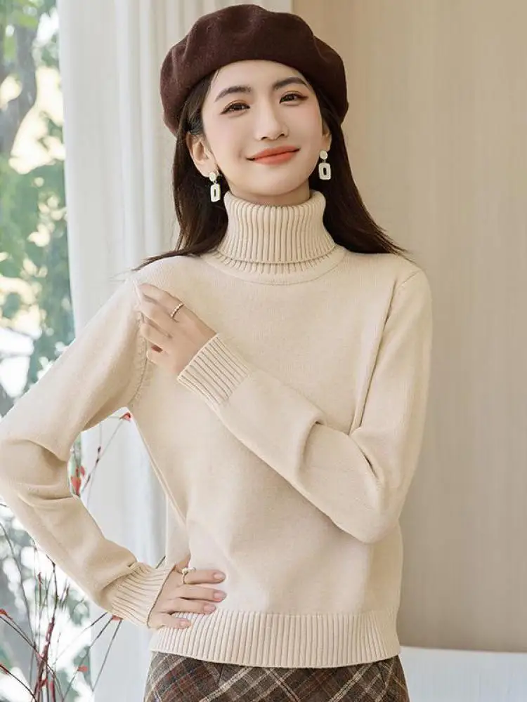 

Autumn Winter Solid Elegant High Neck Long Sleeve Pullover Sweater Korean Fashion Women Versatile Knitted Short Tops Simplicity