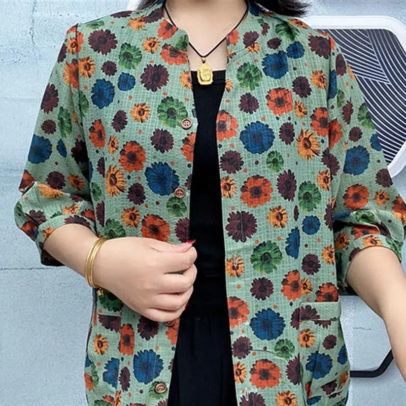 Casual 3/4 Sleeve Floral Printed Blouse Spring Summer Loose Stand Collar Vintage Drawstring Female Single-breasted Pockets Shirt