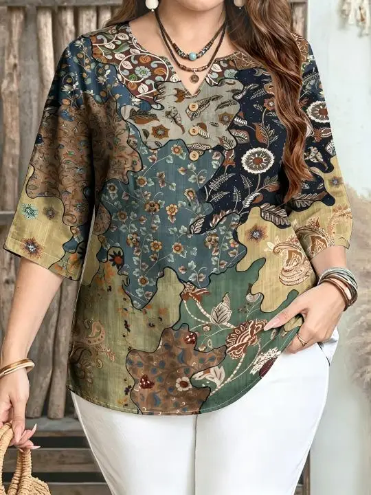 Women Vintage Paisley Tile Botanical Floral Print Blouse For Curvy Figures Notched Neck 3/4 Sleeve Loose Casual Ladies Tops