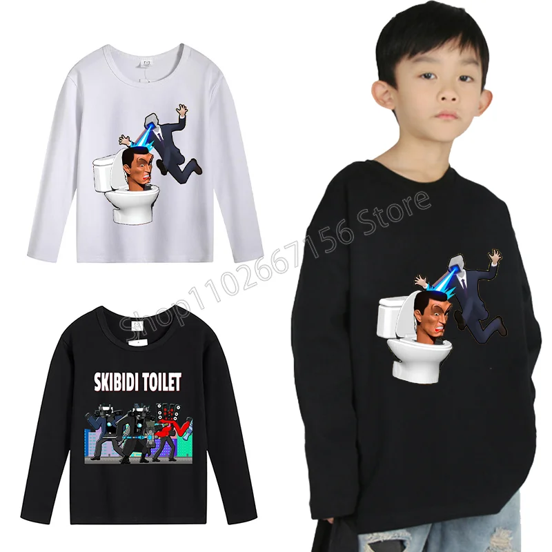 Kawaii Skibidi Toilet Kids T-shirt Long Sleeves Game Cartoon Anime Figures Cameraman TV Man Boutique Tops Yellow Red Green Pink