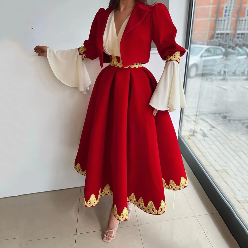 SoDigne Caftan Evening Dress 2023 With Jacket Appliques Gold Lace Bat Sleeve A Line Velvet Formal Prom Celebrity Gown Customized