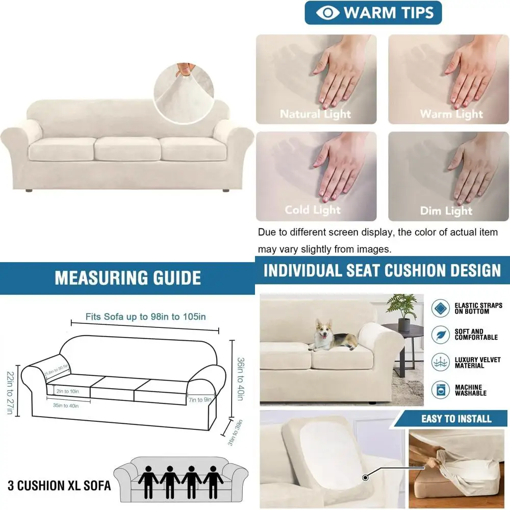 

Luxury Velvet Plush Sofa Slipcover - High Stretch 4 Piece Furniture Protector with Extra Large Form Fit for Comfort