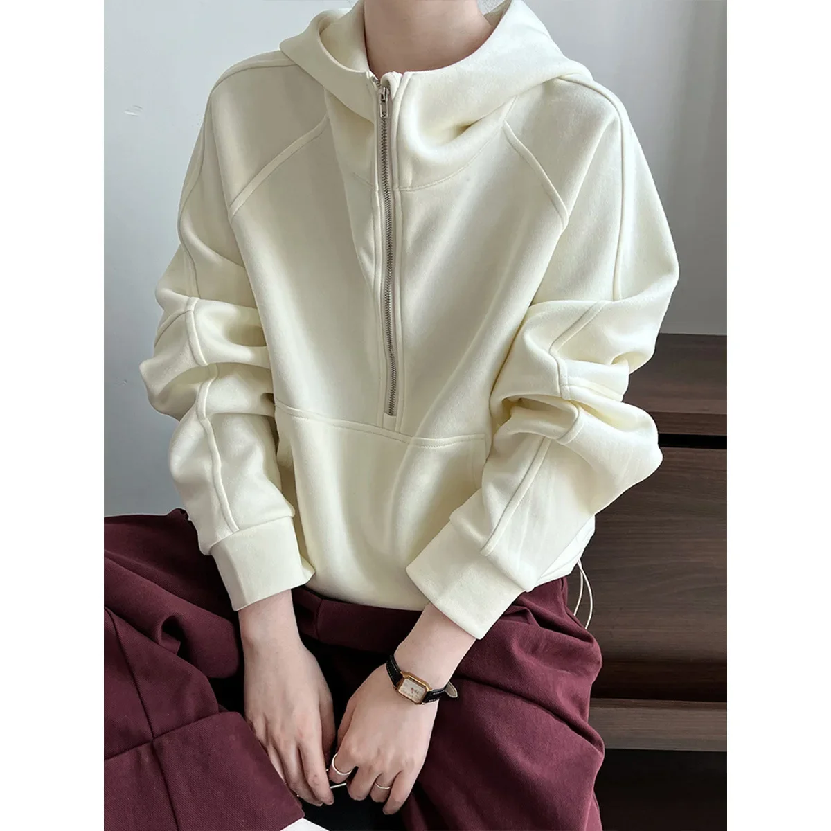 Women Clothes Fashion Loose Hoodie 2024 Autumn New Girls Casual Design Sense Top Solid Color Simple All Match Pullover