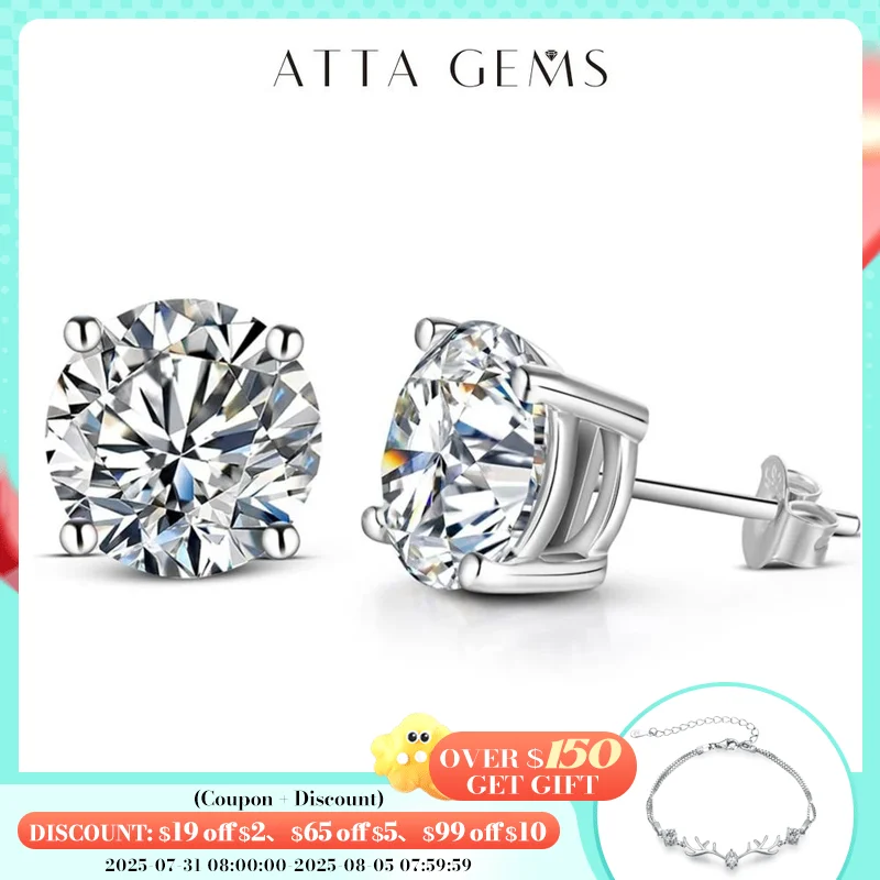 

ATTAGEMS 2 Carat 8.0mm D Color Moissanite Stud Earrings For Women Top Quality 100% 925 Sterling Silver Sparkling Wedding Jewelry