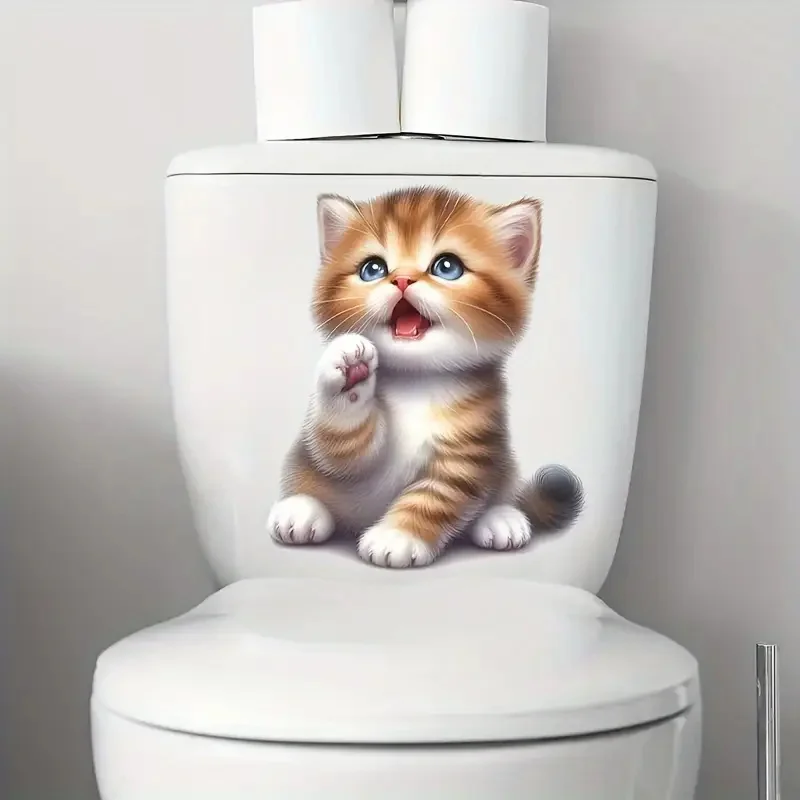 Adorable Kitten Self-Adhesive Toilet Stickers,Wall Decal Removable, Reusable PVC Sticker for Toilet Lid, Bathroom Decor