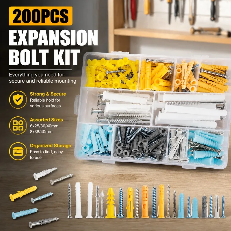 200Pcs High Strength Self-tapping Screws, Nylon Wall Anchors, Plastic Expansion Plugs, Combined Fastener Kit, Durable Mounting