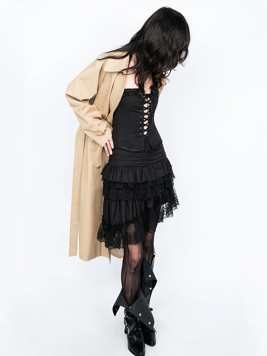 

Черная кружевная юбка А-силуэта с асимметричным дизайном, повседневная, для девочек, весна-осень, новинка, юбка-тортик, длинная юбка