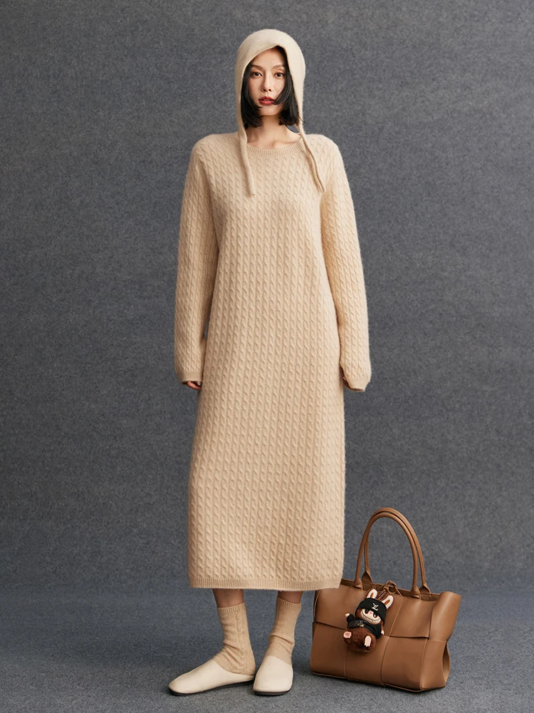 

TLOML Women 100% Cashmere Sweater O-neck One-piece Dresses Cable Knit Autumn Winter Thick Cashmere Knitwear Grace Loose Dresses