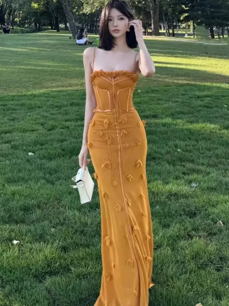 

Women Fashion Bodycon Retro Spaghetti Strap Party Dresses 2025 Summer New Retro Flower Evening Dress Lace-up Holiday Outfits New