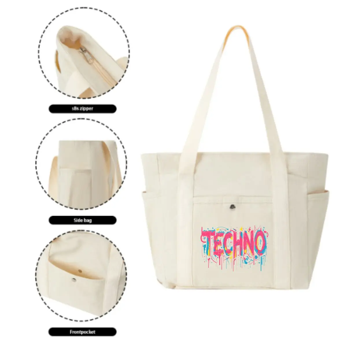 TECHNO Graffiti - Style Text Large Capacity Tote Canvas Bag for Work Outgoing High Appearance Commuting