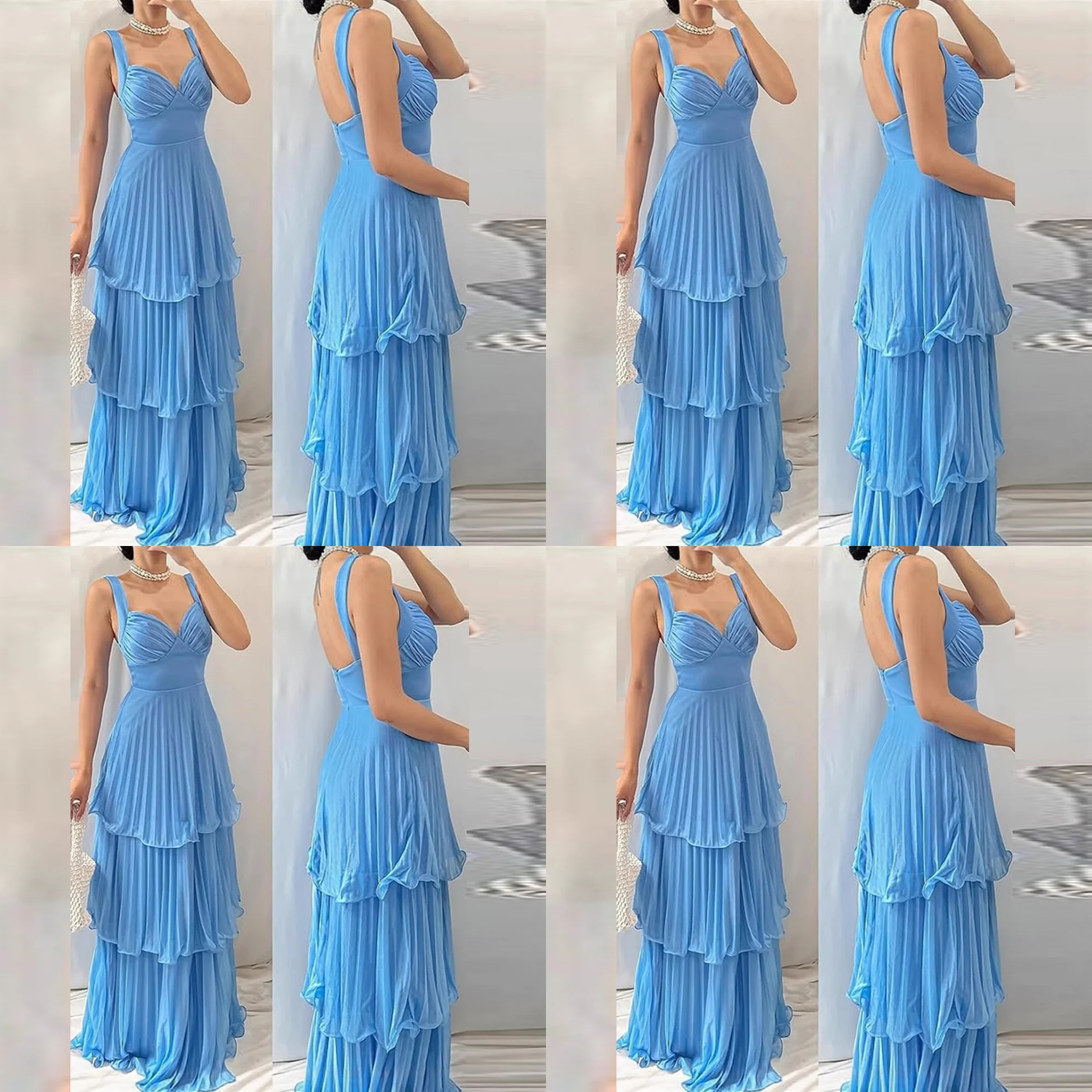 

Sweetheart Collar Chiffon Pleated Tiered A-line Long Evening Party Dress Backless Long Bridesmaid Gown with Court Customized