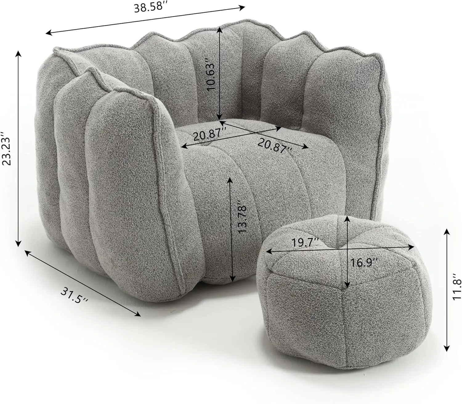 Hmfule Bean Bag Chairs With Ottoman, Bean Bag Sofa Bean Bag Couch Modern Lazy Sofa Chair With High Resilient Foam Armrests For