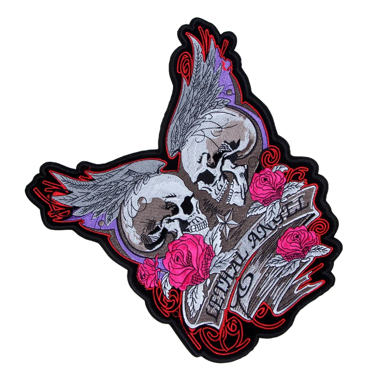 Rose Skull  Lethal Angel  Wing Large Embroidery Patches For Jacket Back Vest  Biker Clothes Garment Accessories Applique Iron On