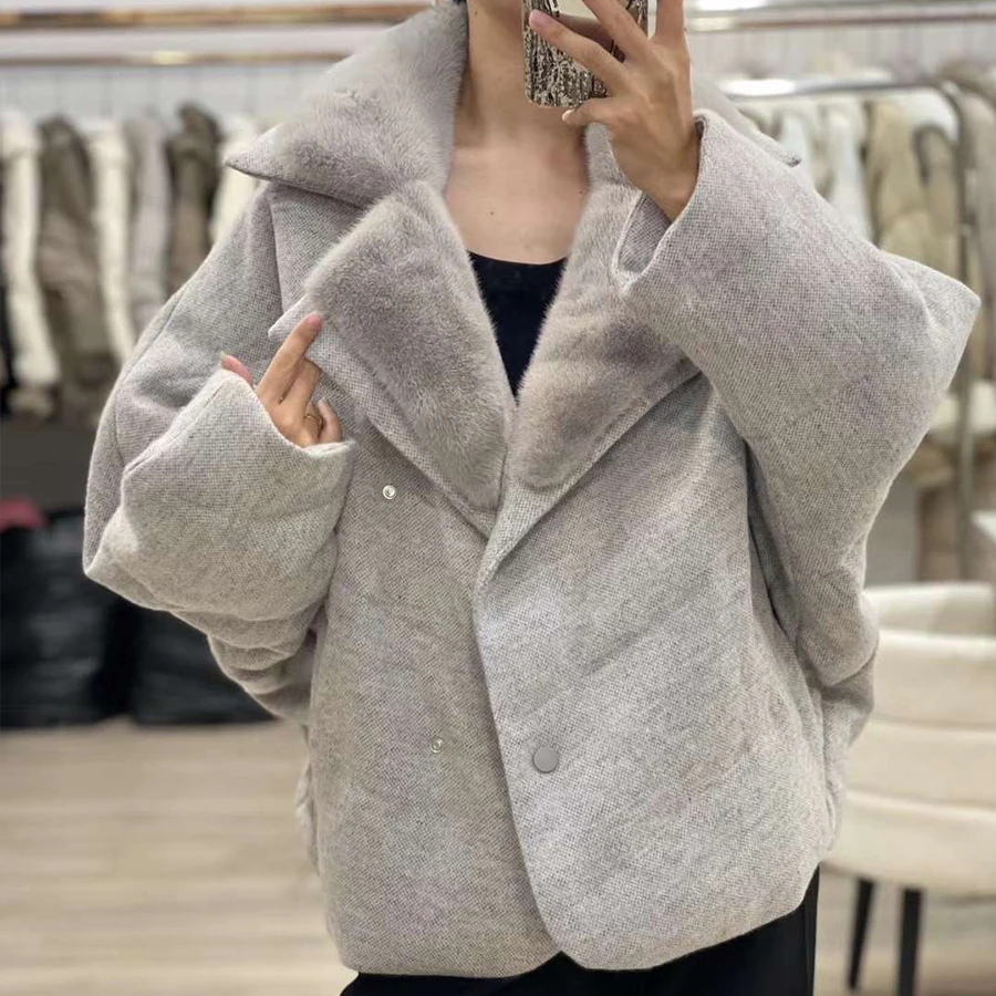 Goose Down Jackets With Natural Fur Cropped Cashmere Mink Down Jacket Wool Puffer Fur Coat Winter Warm Real Fur Coats