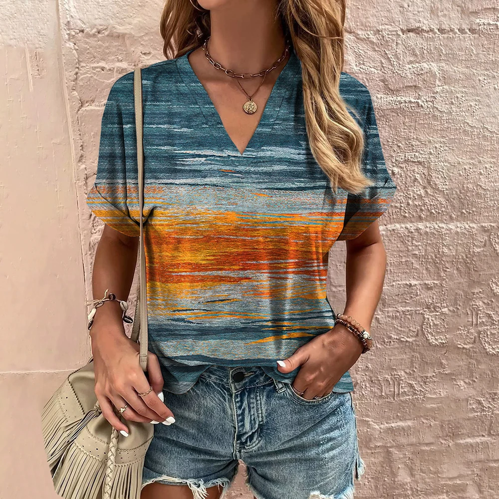 3D Vintage Grafik Damen V-Ausschnitt T-Shirt Sommer Outdoor Straße Täglich Harajuku Stil Y2K Kurzarm T-Shirts Mode Lose Kleidung – Detail 3
