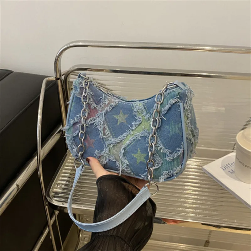 Damen-Tragetasche mit Sternmuster, blauem Distressed-Design, goldfarbene Hardware, stilvolle Handtasche, Umhängetasche für den täglichen Gebrauch – Detail 2
