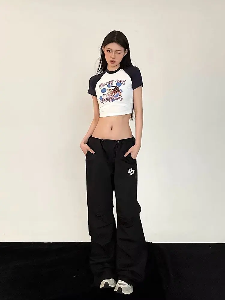 Y2K Pink Cargo Parachute Pants Women Big Pockets High Waist Drawstring Sweatpant 90S Aesthetic Korean Streetwear Wide Leg Trouse