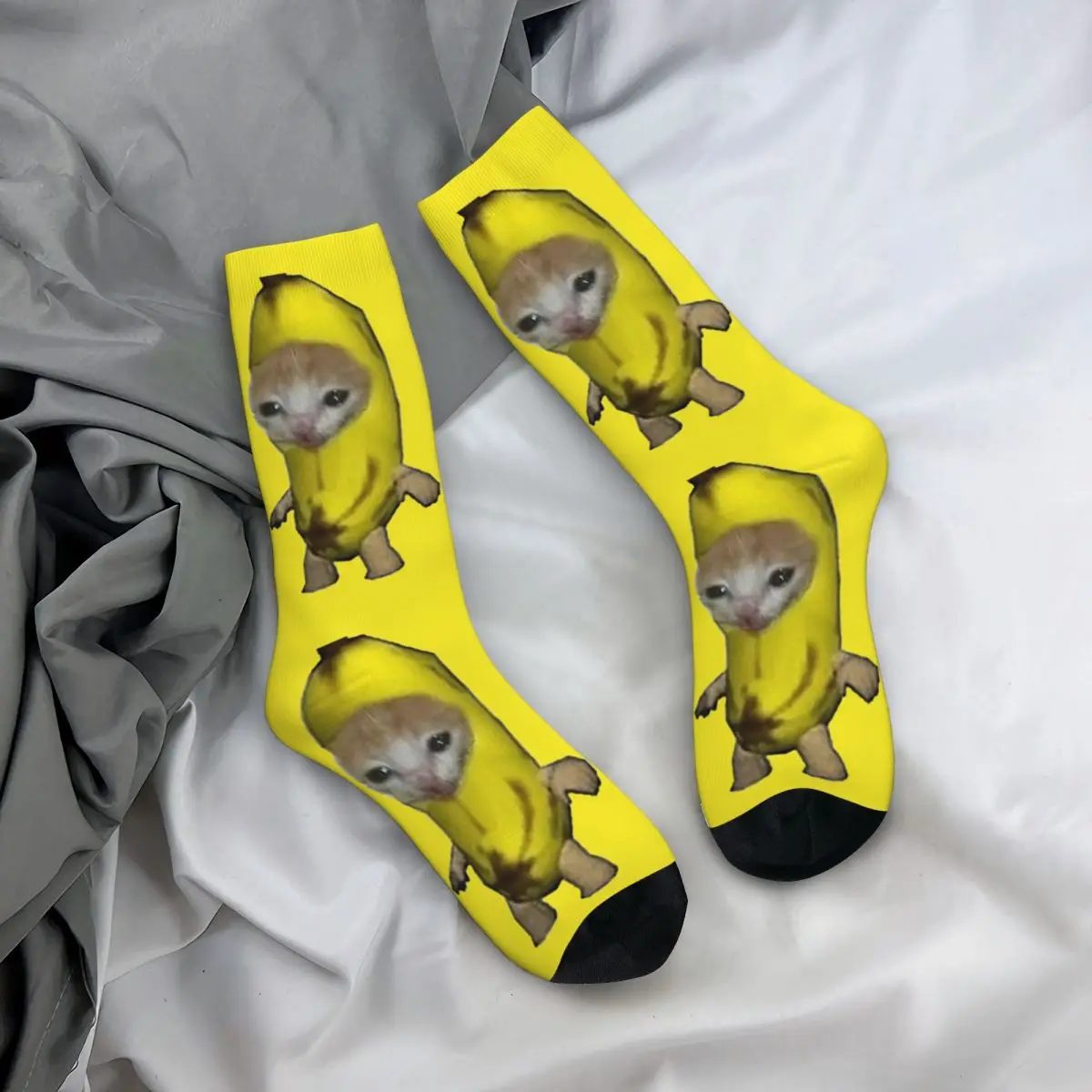 Calcetines largos de poliéster para hombre y mujer, medias antideslizantes con diseño loco, lindo gatito, plátano, gato, Meme, baloncesto