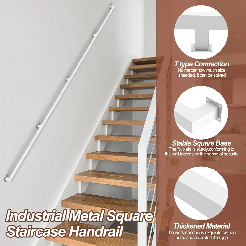 درابزين الدرج الداخلي، درابزين معدني أبيض، مثبت على الحائط، طراز صناعي حديث، يدعم 500 رطل #5