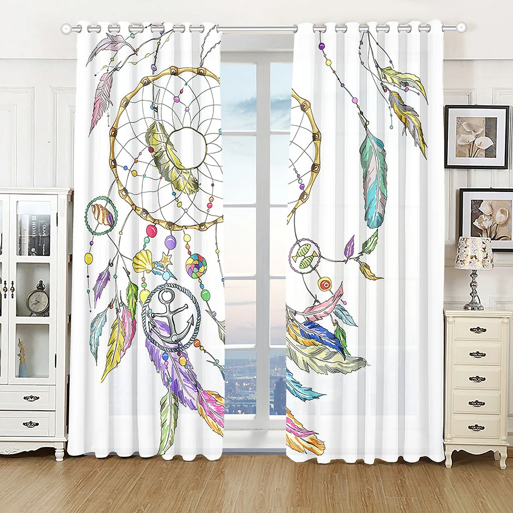 

2pcs Dream Catcher Feather Line Anchor Window Curtains Home Decor Living Room Curtain Kitchen Draperies Curtains for Bedroom