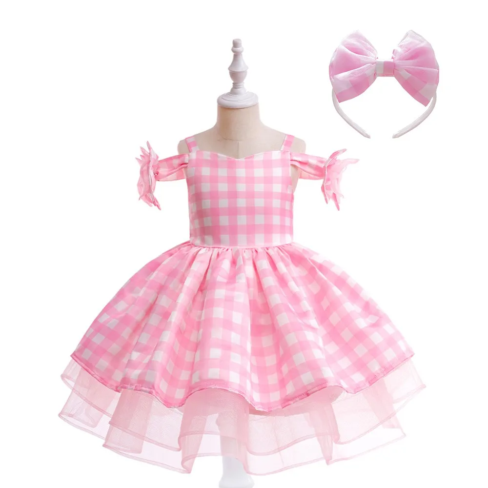 Ecoparty Summer Plaid Strap Sweet Pink Bow Tie Strap Swing Dress Women Lady Costume Dress per neonate