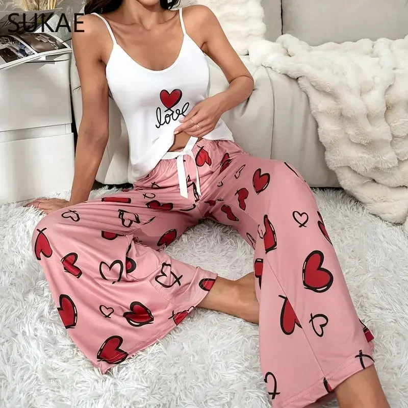 Black Bear Printing Soft Milk Silk Pajamas Women Sexy Sling Sleepwear Wide-legs Pajamas Pijamas for Girl Casual Woman Nightwear