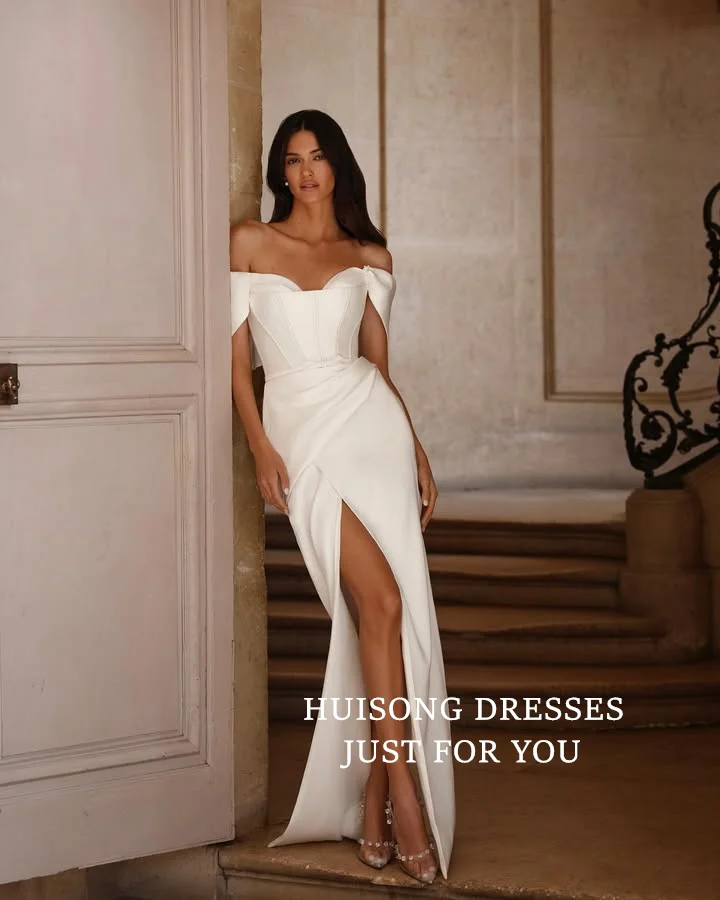 

HUISONG Customized Simple Satin Mermaid Wedding Dresses Off Shoulder Sleeveless High Side Split Beach Bridal Gown vestidos de
