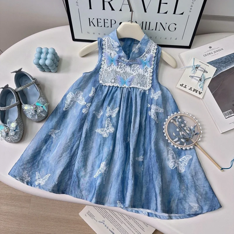 

Girls' Dress2025Summer New Sleeveless Lace Vest Dress New Chinese Style Princess Dress Wholesale